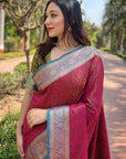 Pink Zari Woven Contrast Kashmiri Silk Saree with Keri Pattern