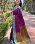 Purple Zari Woven Contrast Kashmiri Silk Saree with Keri Pattern