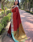 Red Zari Woven Contrast Kashmiri Silk Saree with Keri Pattern