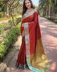 Red Zari Woven Contrast Kashmiri Silk Saree with Keri Pattern