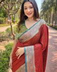Red Zari Woven Contrast Kashmiri Silk Saree with Keri Pattern