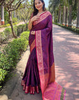 Violet Zari Woven Contrast Kashmiri Silk Saree with Keri Pattern