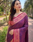 Violet Zari Woven Contrast Kashmiri Silk Saree with Keri Pattern