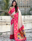 Cream Paithani Silk Lotus Jaal Contrast Border Saree