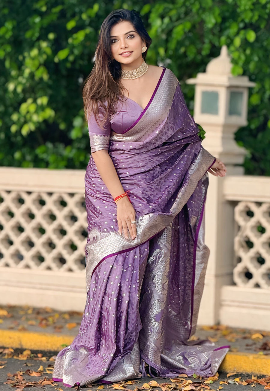 Lavender Banarasi Satin Zari Woven Silk Saree with Arrow Pattern