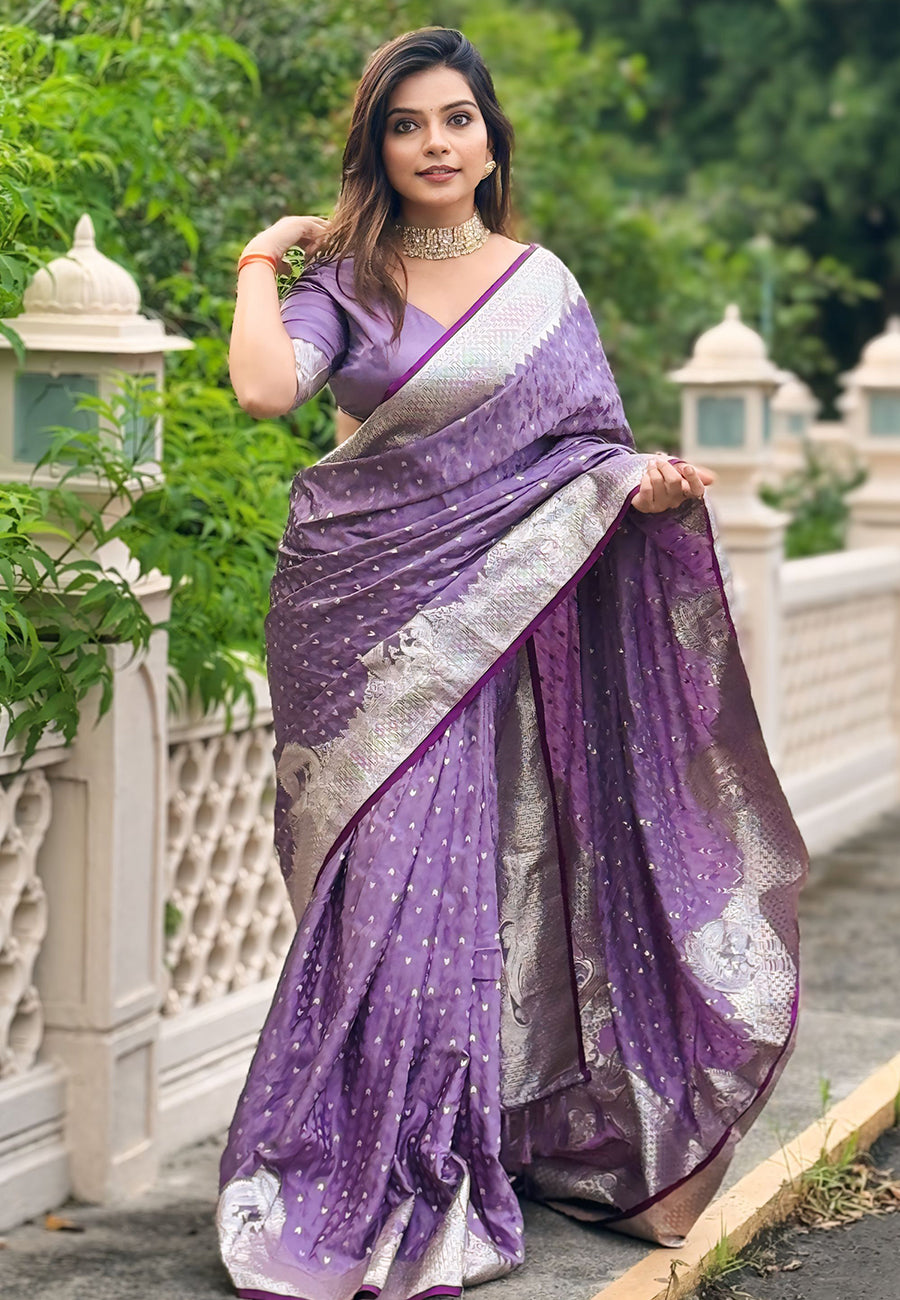 Lavender Banarasi Satin Zari Woven Silk Saree with Arrow Pattern