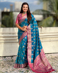 Rama Blue Soft Ikkat Patola Zari Woven Silk Saree