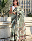 Green Chanderi Crush Silk Floral Printed Saree with Zari Woven Border