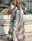 Grey Chanderi Crush Silk Floral Printed Saree with Zari Woven Border