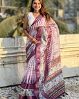 Lavender Chanderi Crush Silk Floral Printed Saree with Zari Woven Border