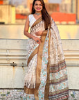 Brown Chanderi Crush Silk Floral Printed Saree with Zari Woven Border