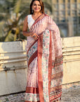 Coffee Chanderi Crush Silk Floral Printed Saree with Zari Woven Border