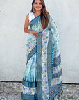 Blue Chanderi Crush Silk Floral Printed Saree with Zari Woven Border
