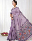 Lavender Soft Muga Cotton with Kalamkari Style Bird Motif Narrative Pallu