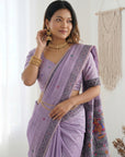 Lavender Soft Muga Cotton with Kalamkari Style Bird Motif Narrative Pallu