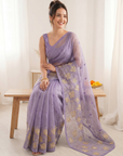 Lavender Soft Oris Silk with Floral Applique Work Saree