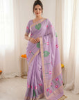 Lavender Premium Soft Linen Cotton with Lotus & Leafs Pattern Saree