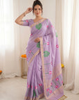 Lavender Premium Soft Linen Cotton with Lotus & Leafs Pattern Saree