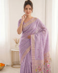 Lavender Soft Linen Cotton Paithani Saree with Meenakari Pichwai Lotus Pallu