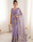Lavender Soft Oris Silk with Floral Applique Work Saree