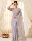 Lavender Crush Organza Silk Saree with Embroidery Stripe Pattern
