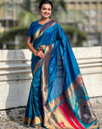 Rama Blue Paithani Silk Zari Woven Saree with Mahalaxmi Pallu