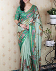 Seafoam Green Tussar Silk Traditional Kalamkari Printed Saree