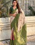 Cream Organza Silk Contrast Green Floral Fusion Printed Saree with Zari Woven Border