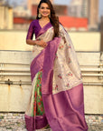 Cream Organza Silk Contrast Purple Floral Fusion Printed Saree with Zari Woven Border