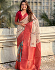 Cream Organza Silk Contrast Red Floral Fusion Printed Saree with Zari Woven Border