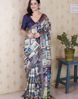Navy Blue Tussar Silk Detailed Kalamkari Figure Printed Saree with Zari Woven Border