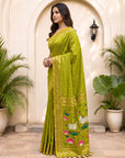Mehendi Green Soft Zari Woven Saree with Lotus Pichwai Concept Pallu