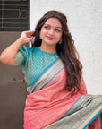Coral Pink Tissue Kanjivaram Silk Zari Woven Contrast Big Border Saree