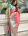 Coral Pink Tissue Kanjivaram Silk Zari Woven Contrast Big Border Saree