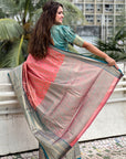 Coral Pink Tissue Kanjivaram Silk Zari Woven Contrast Big Border Saree