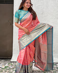 Coral Pink Tissue Kanjivaram Silk Zari Woven Contrast Big Border Saree