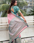 Baby Pink Tissue Kanjivaram Silk Zari Woven Contrast Big Border Saree