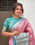 Baby Pink Tissue Kanjivaram Silk Zari Woven Contrast Big Border Saree