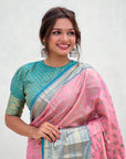 Baby Pink Tissue Kanjivaram Silk Zari Woven Contrast Big Border Saree