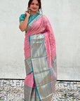 Baby Pink Tissue Kanjivaram Silk Zari Woven Contrast Big Border Saree