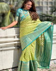 Pista Green Tissue Kanjivaram Silk Zari Woven Contrast Big Border Saree