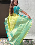 Pista Green Tissue Kanjivaram Silk Zari Woven Contrast Big Border Saree