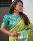 Pista Green Tissue Kanjivaram Silk Zari Woven Contrast Big Border Saree