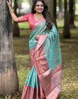 Sky Blue Tissue Kanjivaram Silk Zari Woven Contrast Big Border Saree
