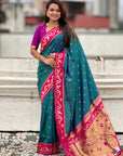 Peacock Blue Rajhans Paithani Silk Contrast Zari Woven Saree