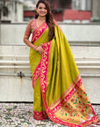 Mehendi Green Rajhans Paithani Silk Contrast Zari Woven Saree