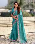 Sky Blue Crush Silk Embroidery Floral Border Saree