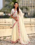 White Crush Silk Embroidery Floral Border Saree