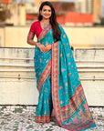 Rama Blue Premium Viscose Silk Traditional Art Zari Woven Position Print Saree