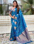 Rama Blue Soft Silk Dual Zari Woven Saree with Nandi Border